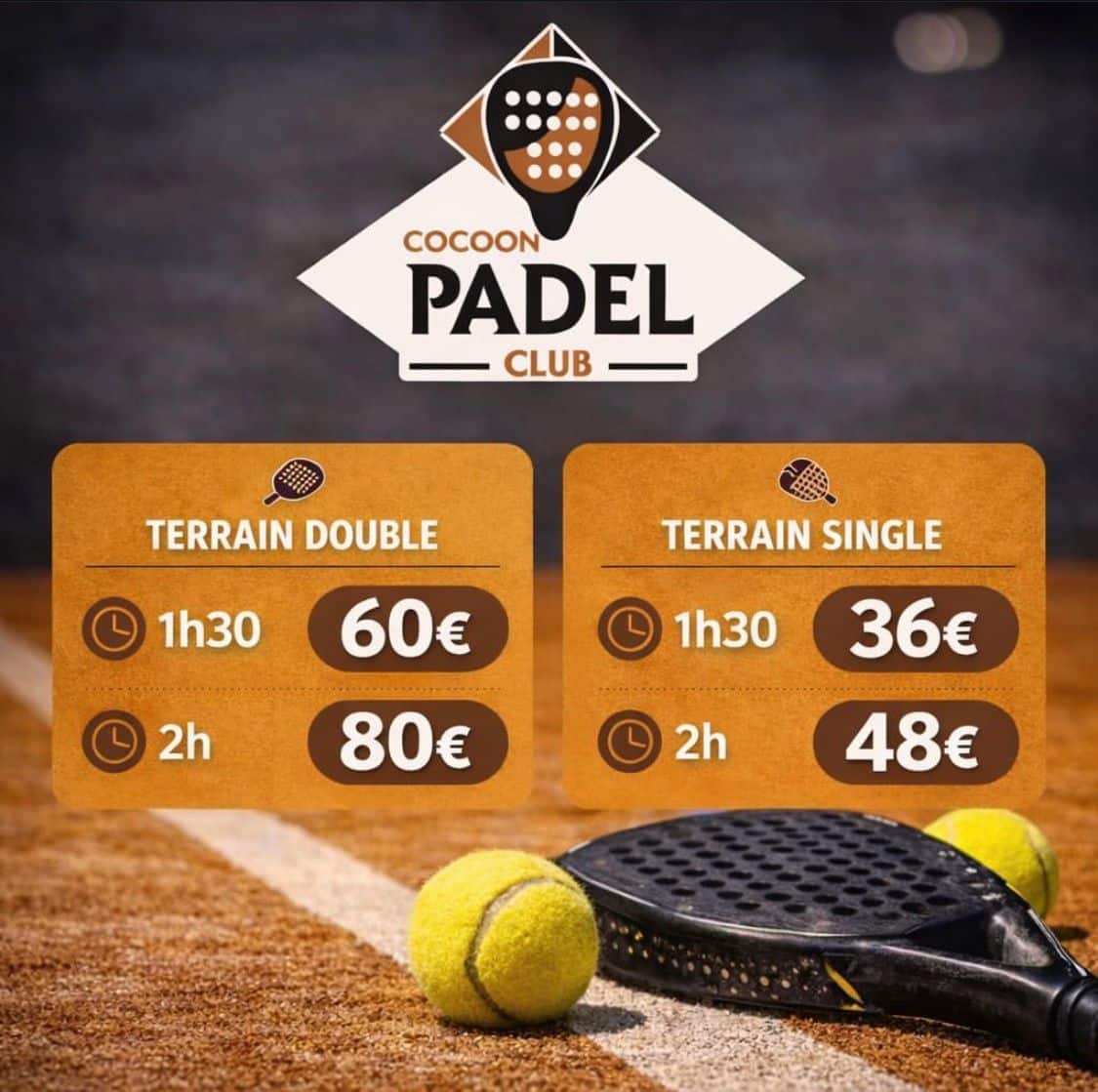 Grille tarifaire padel du Cocoon Padel Club : terrain double et single